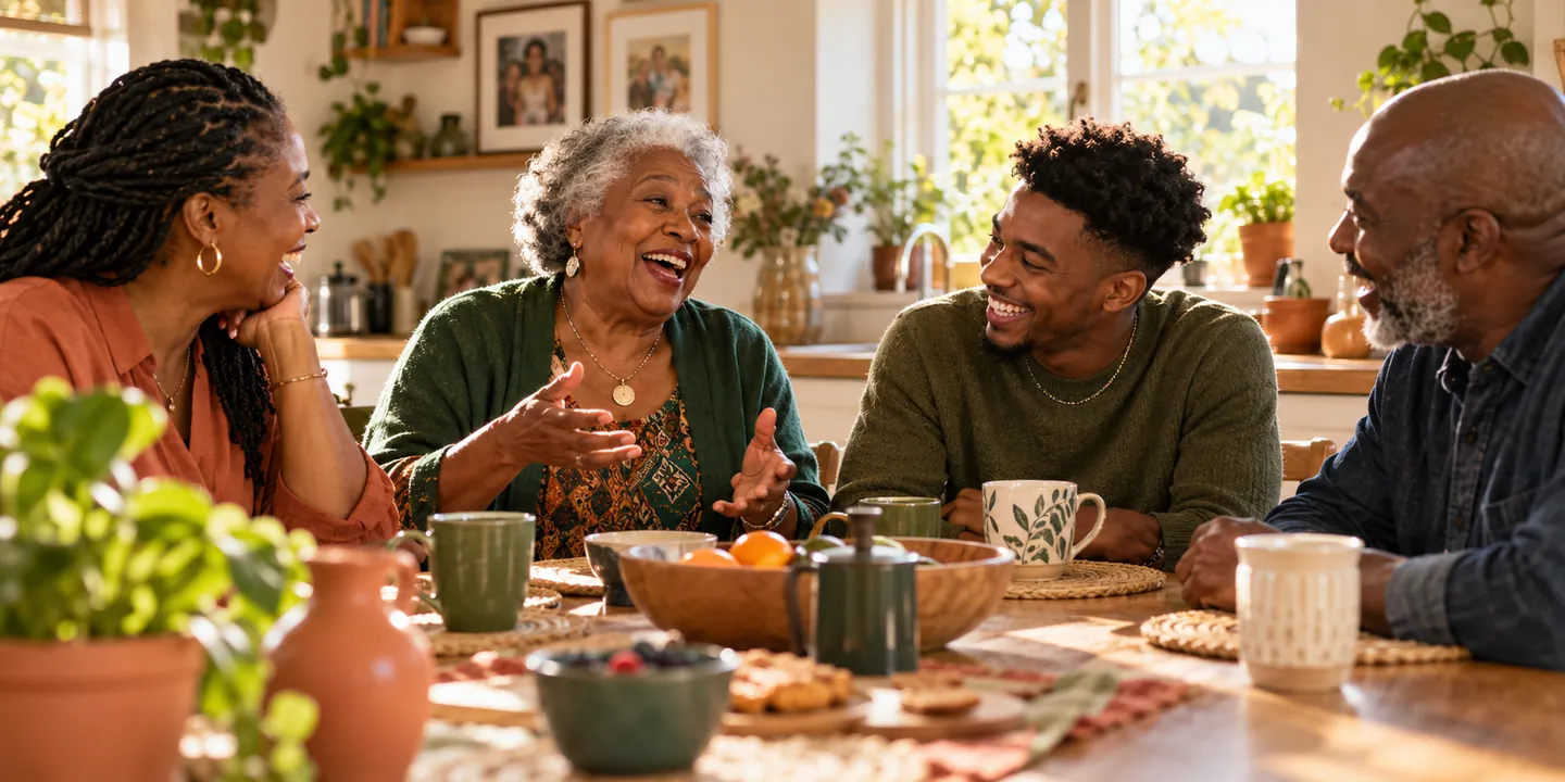A grandmother and her family laughing as she shares a life story at home